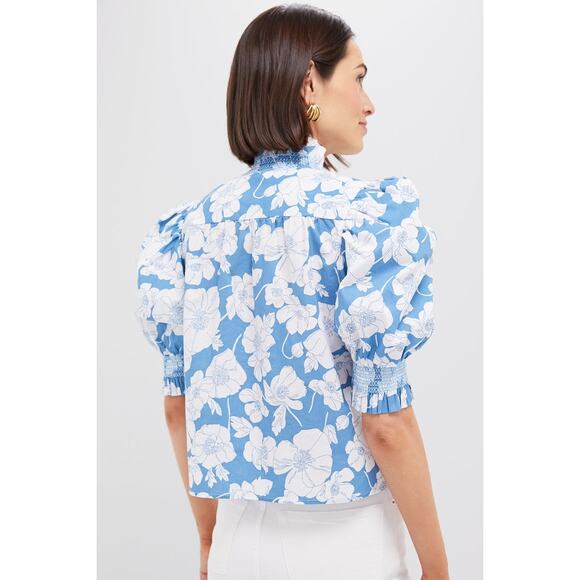 ENGLISH FACTORY Blue Floral Ruffle Neck Aria Blouse Size M NWT - Picture 2 of 8